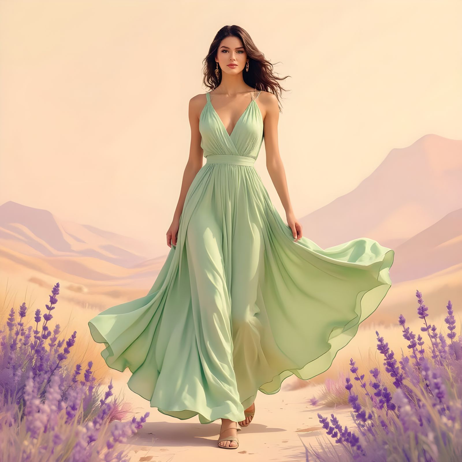 Elegant Freedom: Minimalist Fashion Illustration in Pistachi...