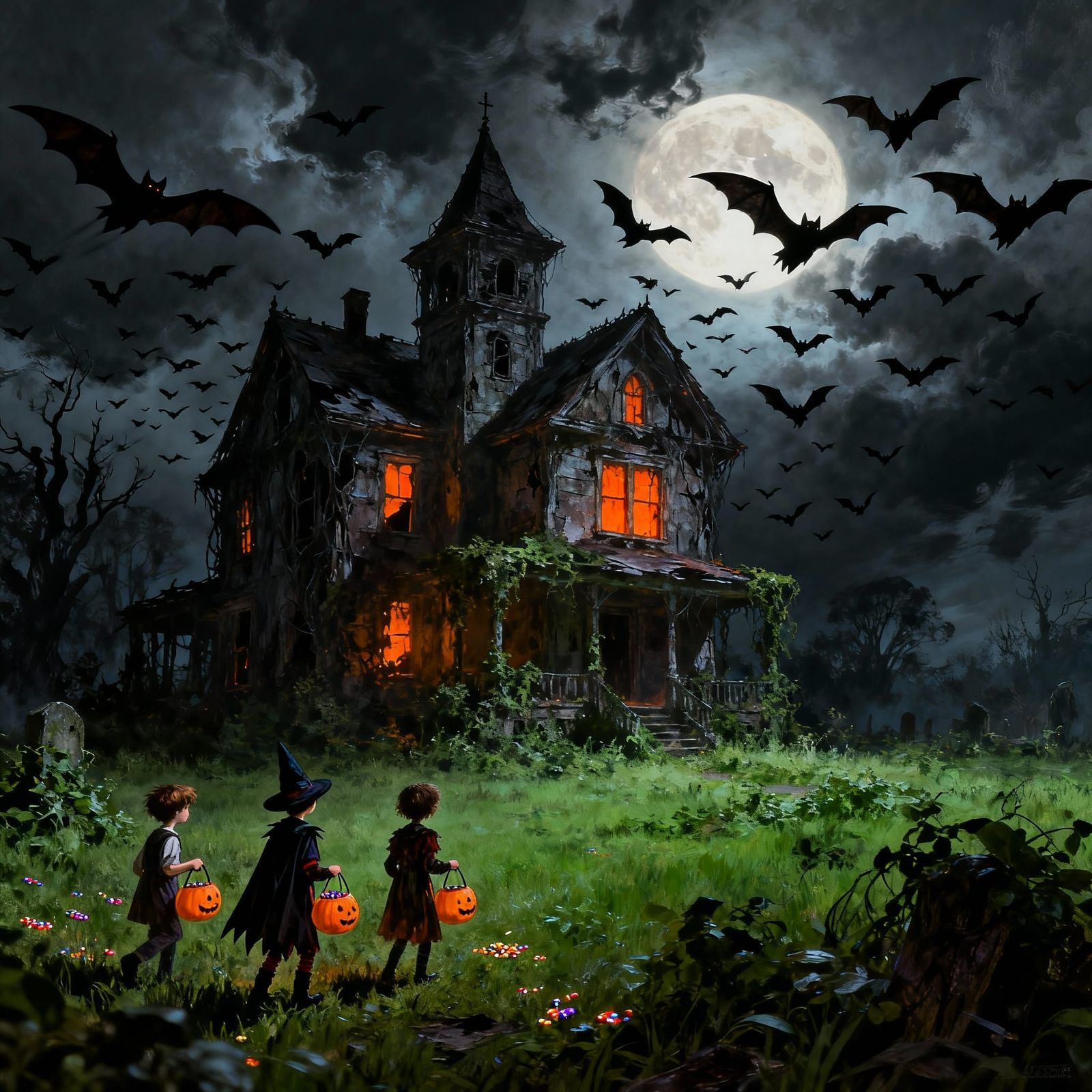 Spooky Haunted House with Trick-or-Treating Children and Bat...