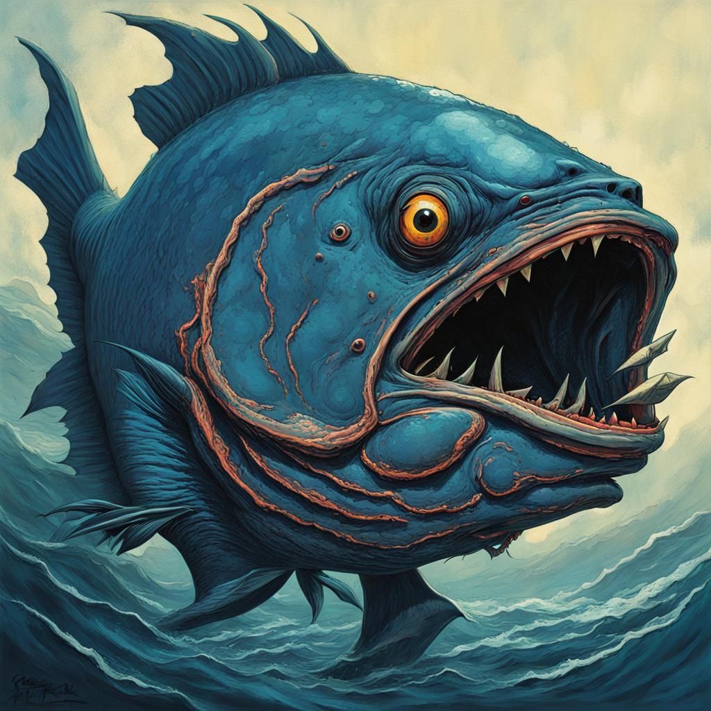 Giant Monster Fish in Deep Blue Retro Ocean
