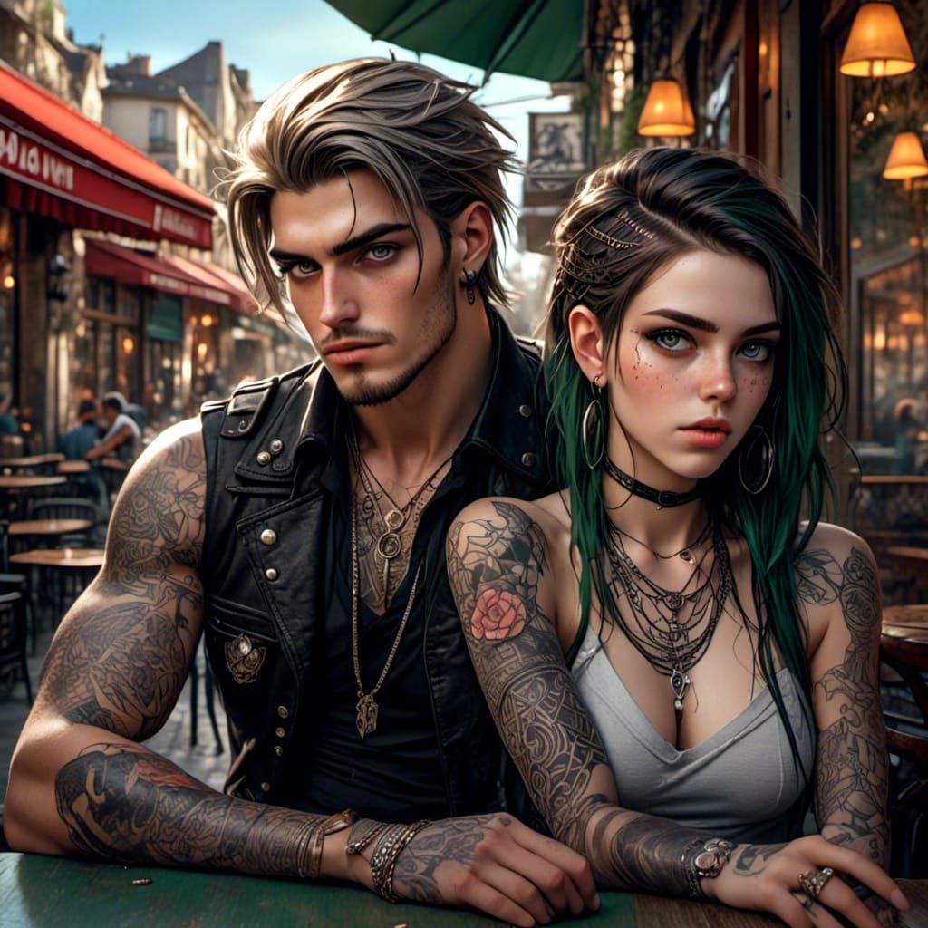 Celtic Couple in Paris Cafe: Photorealistic Photography