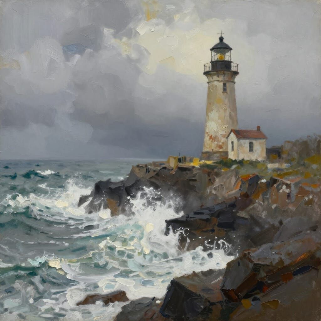 Weathered Lighthouse on Rugged Cliff in Romantic Style