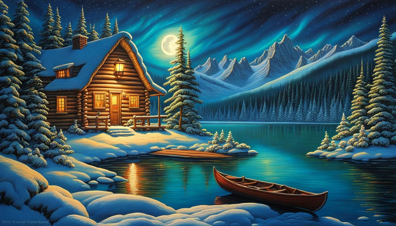 Snowy Cabin Under Aurora Borealis: Oil Painting