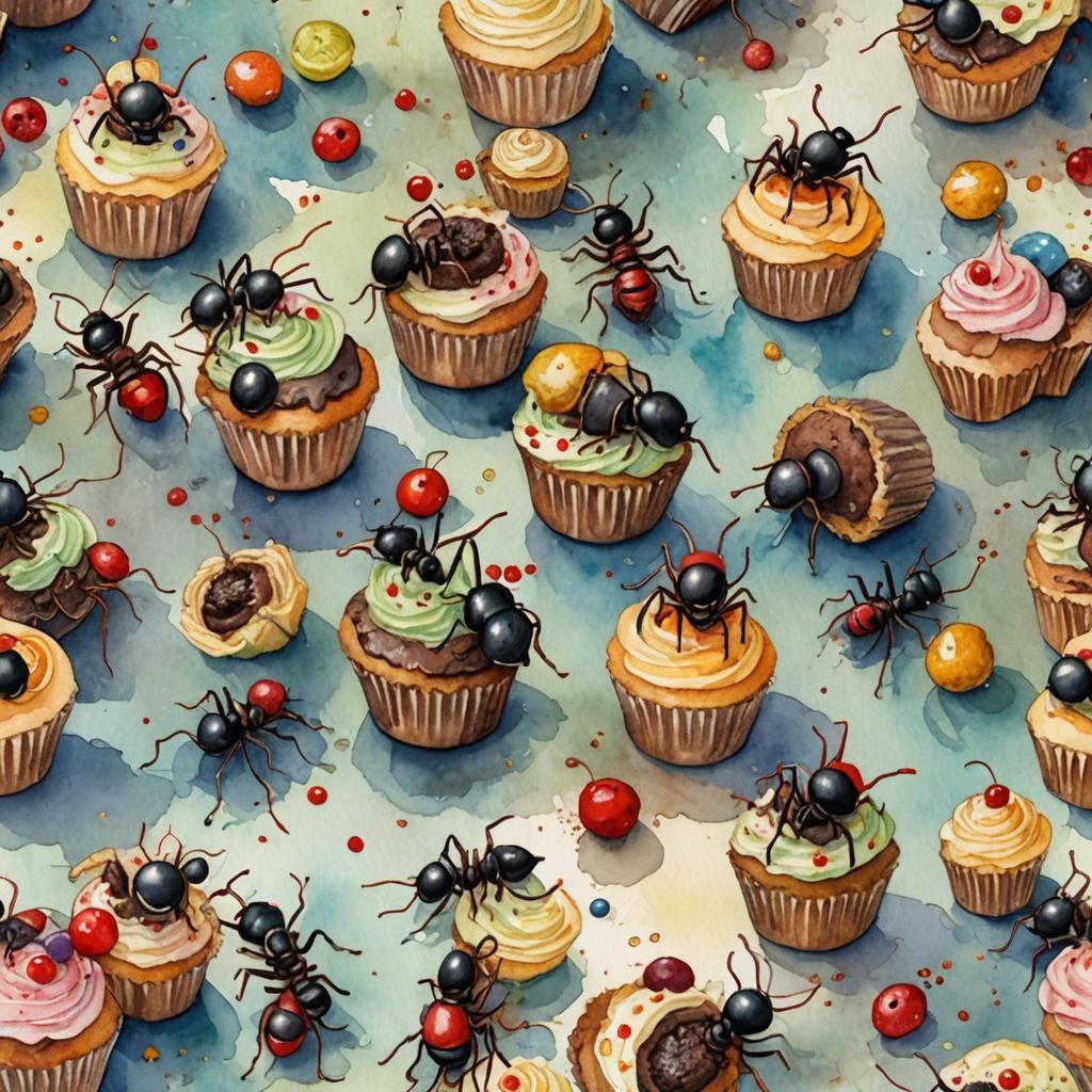 Ants Eat Cupcakes: Whimsical Watercolor Illustration