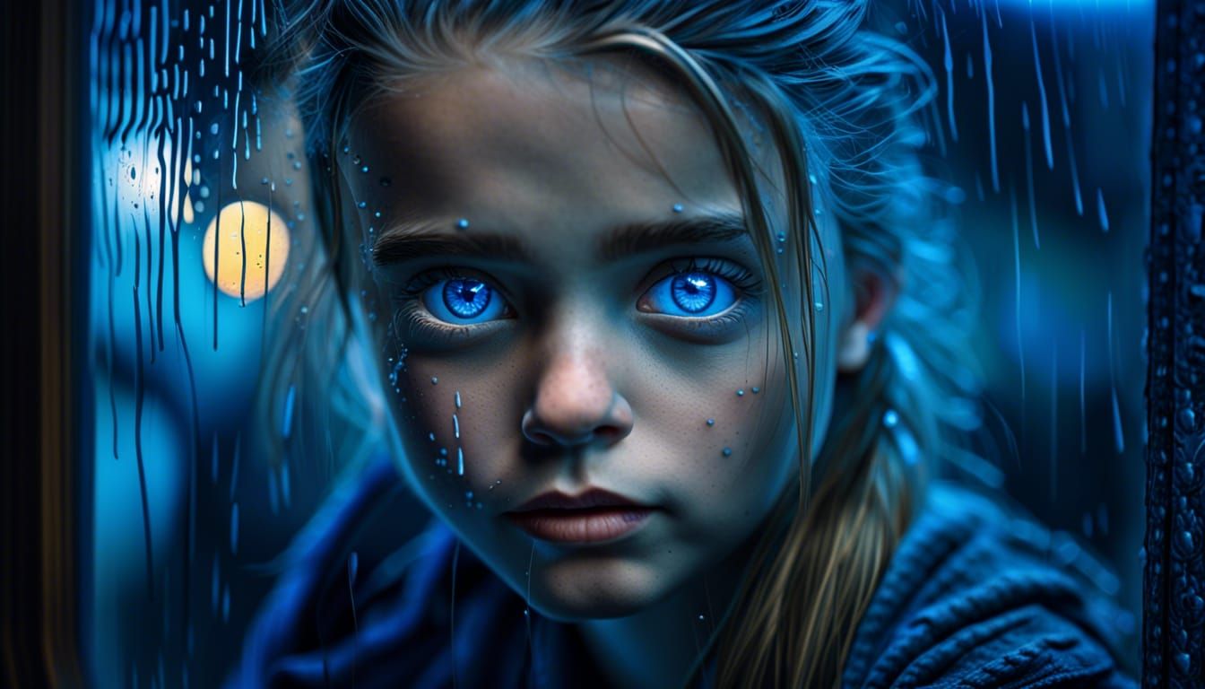 Girl with Blue Eyes on Rainy Day
