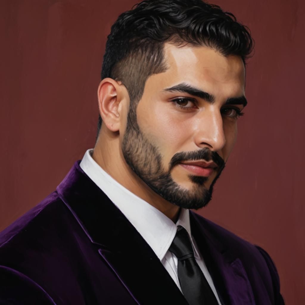 Elegant Arab Man in Purple Velvet Suit, Impressionist Oil Pa...
