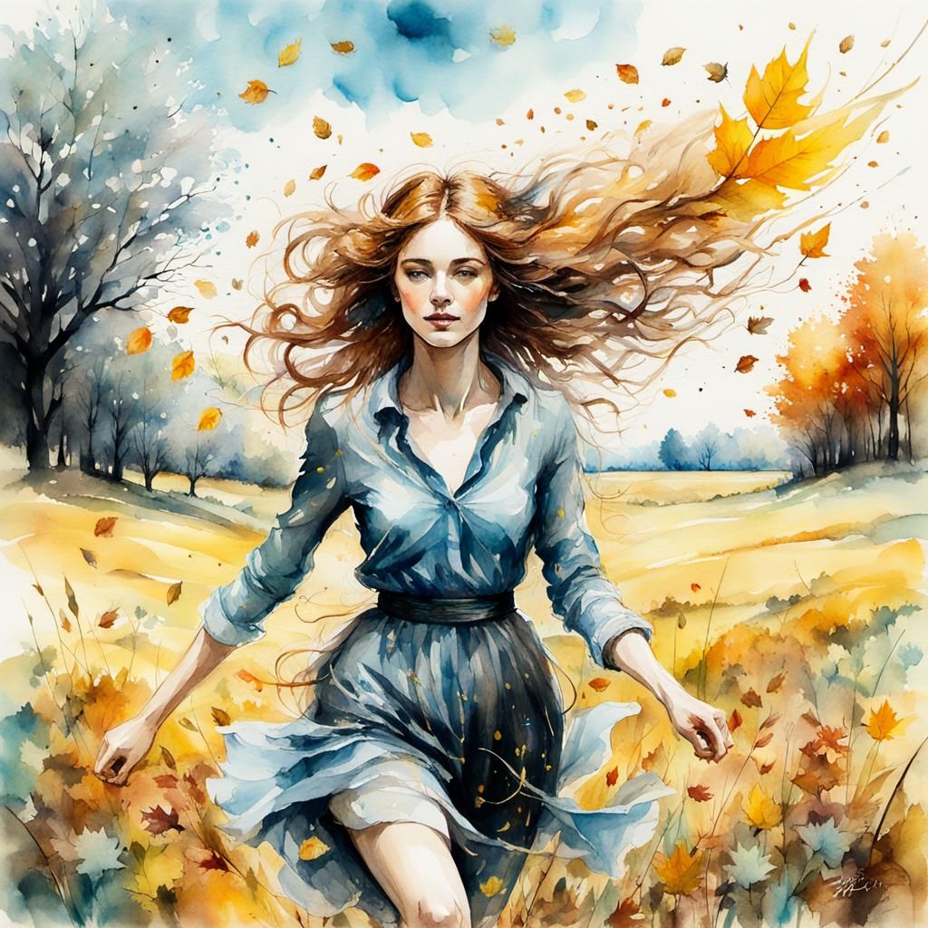 Woman in Autumn Meadow: Vintage Watercolor Art