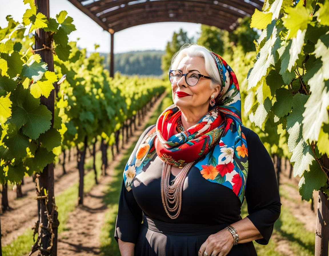 Woman with Scarf Tasting Wine in Vineyard
