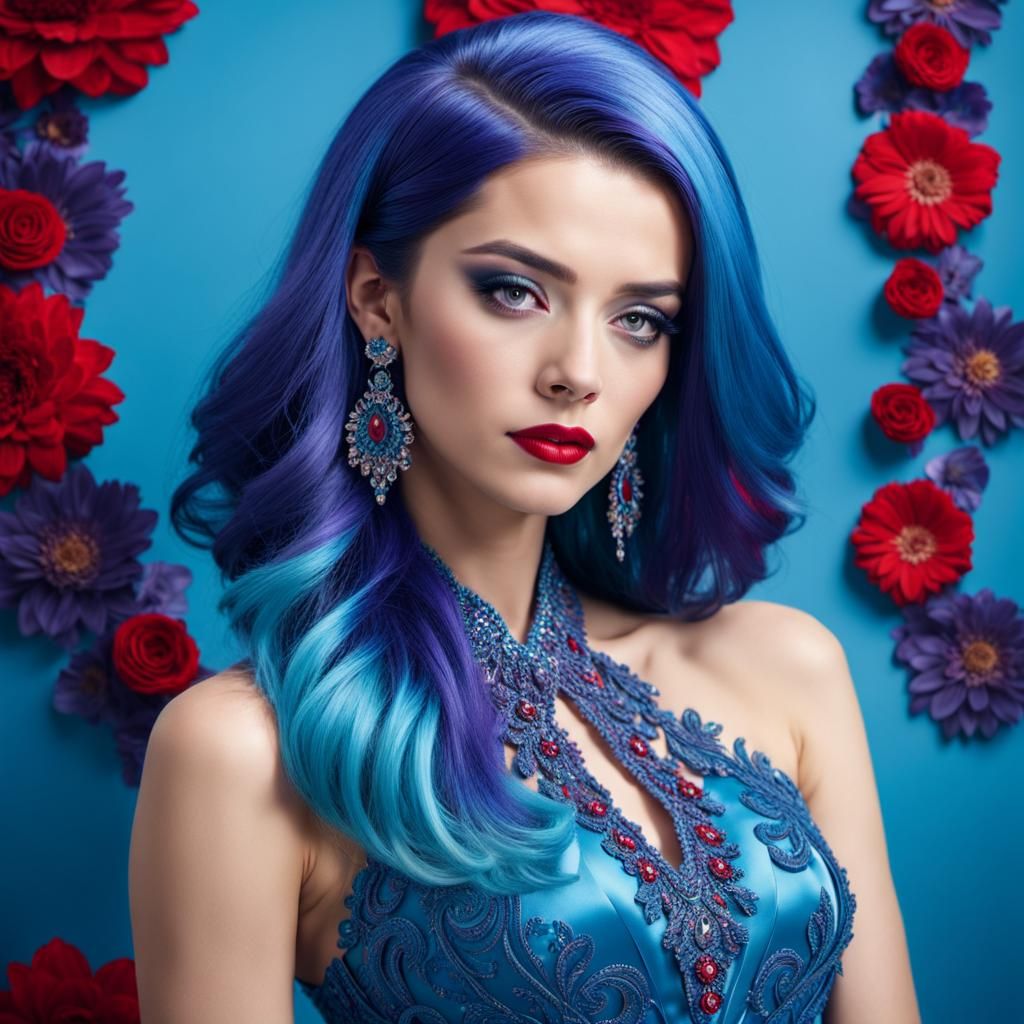 Woman in Vibrant Blue Gown, Hyperrealistic 8K