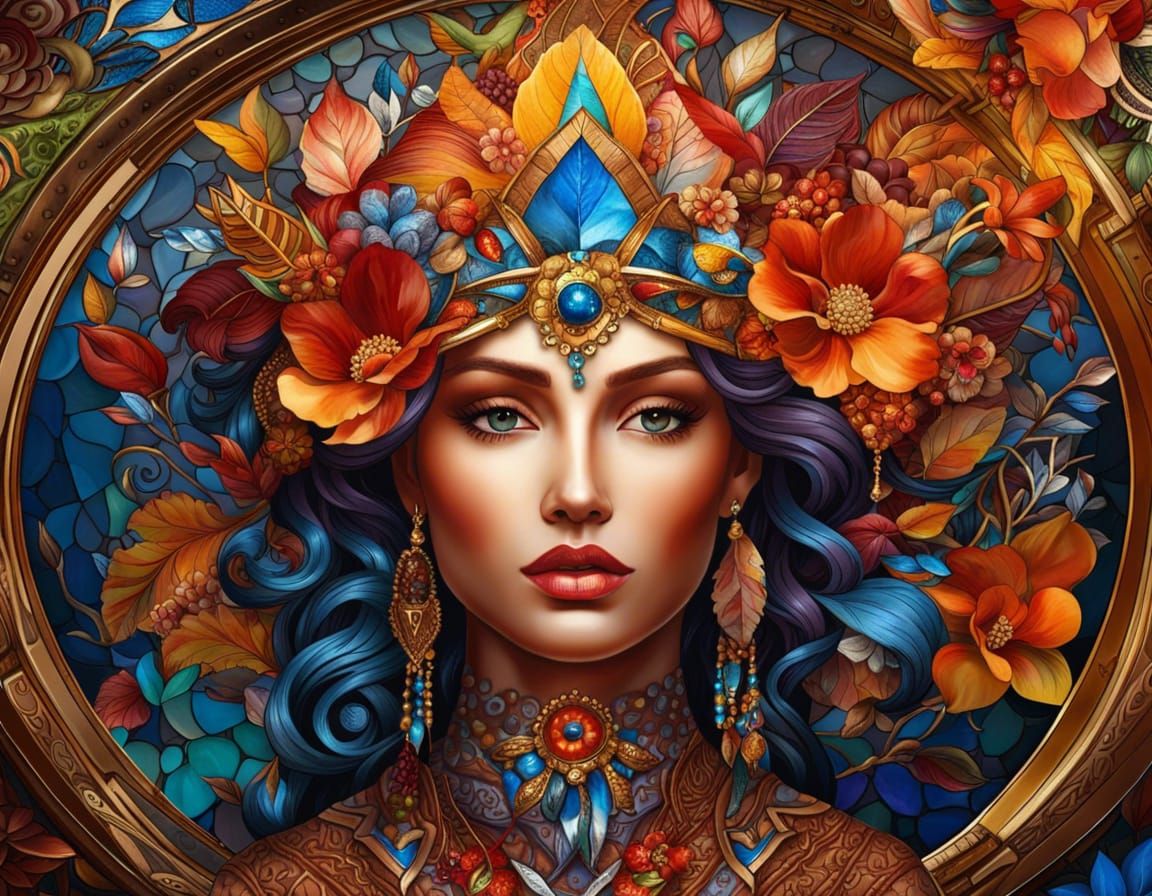 Raphaelite Lady with Stained Glass Solar Crown