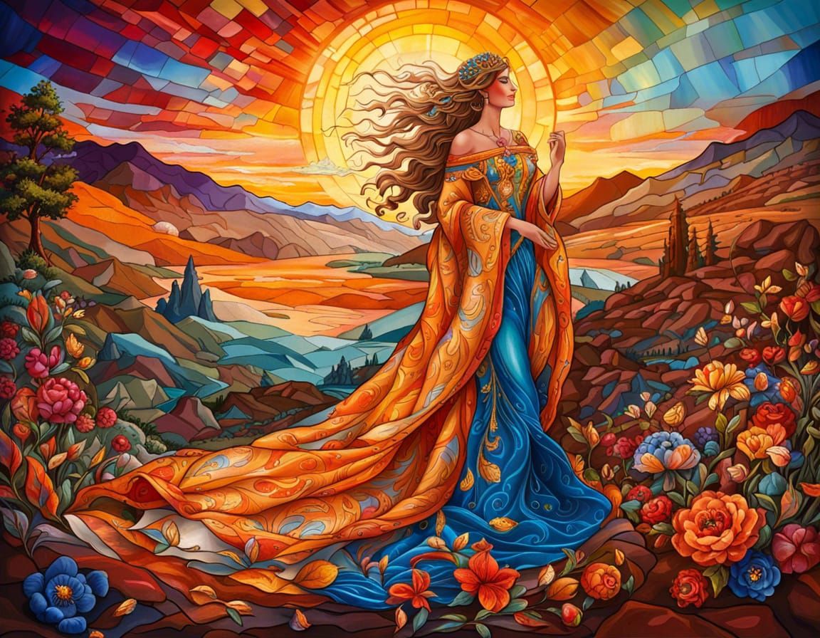 Raphaelite Lady with Stained Glass Crown in Melting Colors