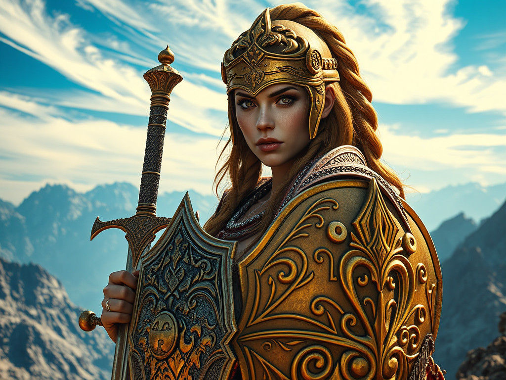 Female Warrior in Gold Armor, Fantasy Art Masterpiece