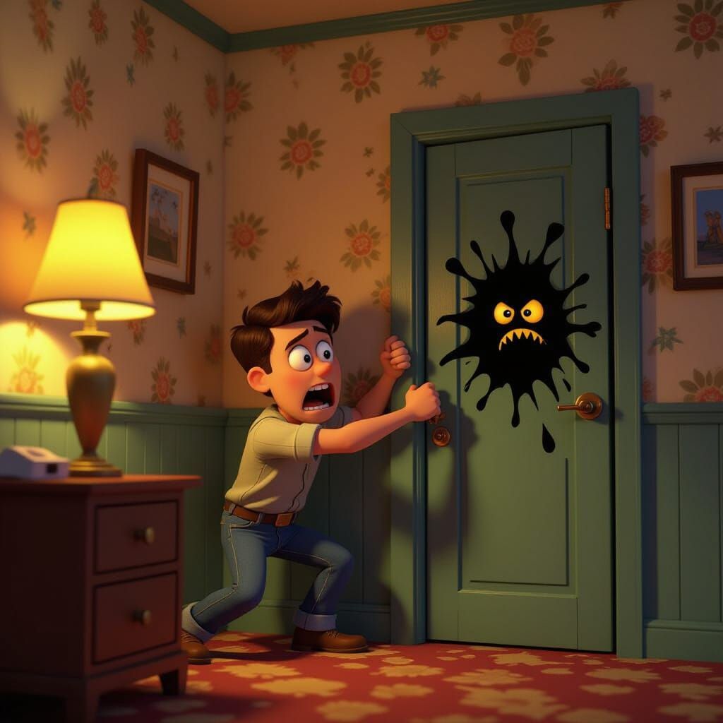 Cartoon Traveler Terrified in Spooky Motel Room