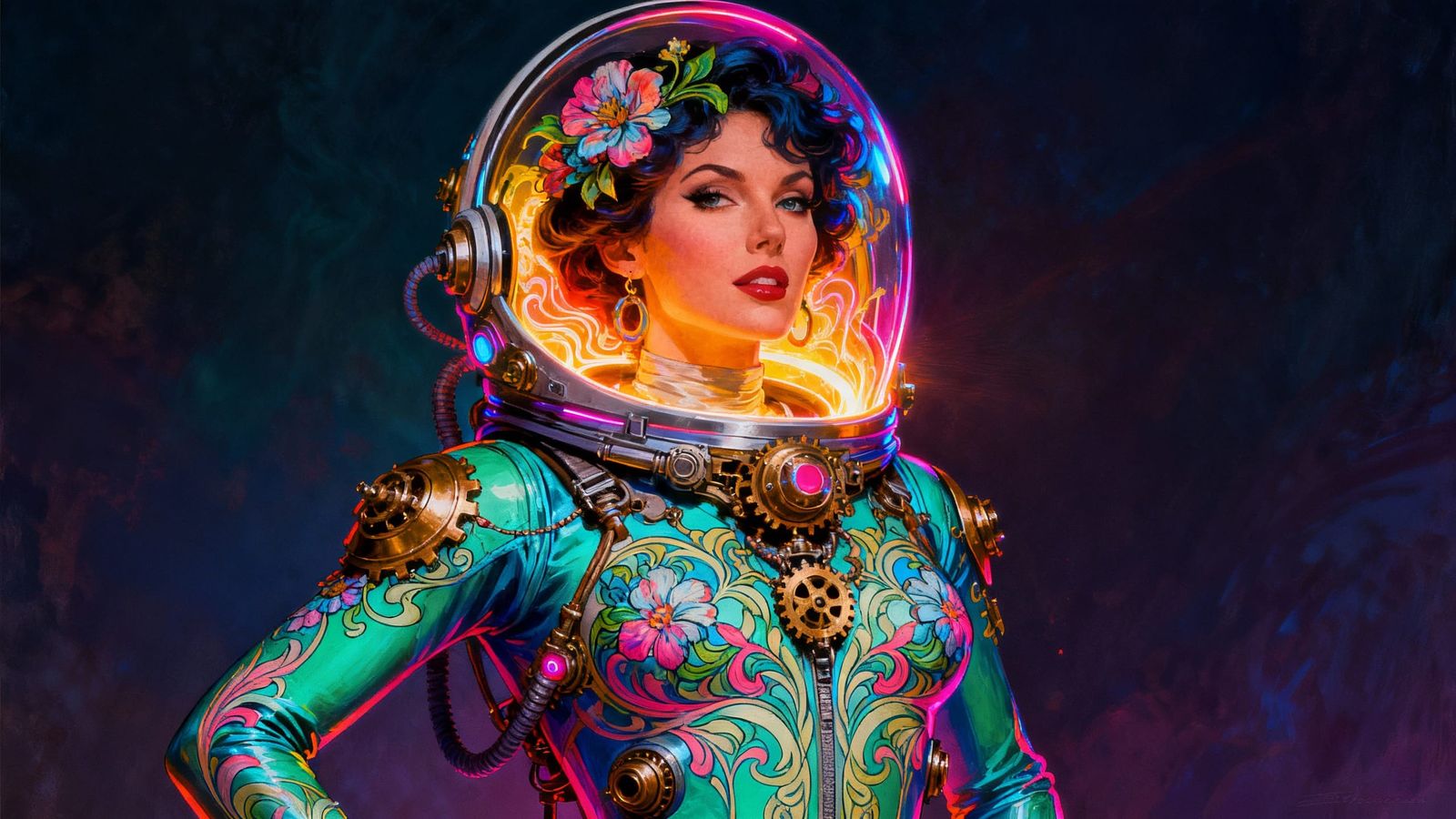 Steampunk Sci-Fi Woman in Floral Spacesuit
