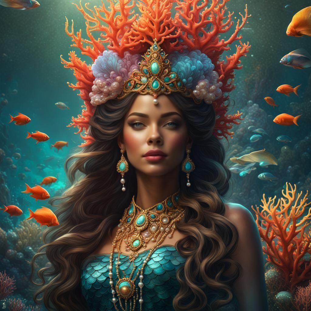 Mermaid Princess with Coral Crown, Hyperdetailed Fantasy Art