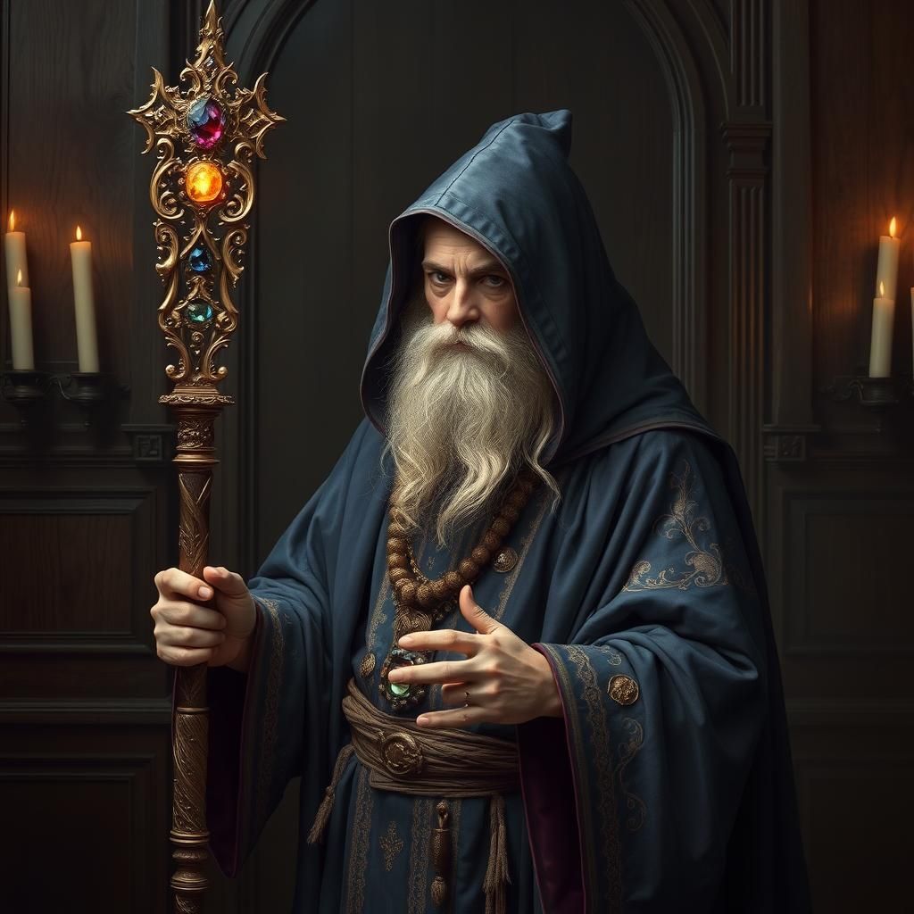 Mystical Wizard With Gemstone Staff, Fantasy Art
