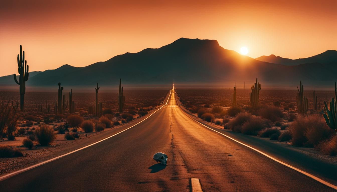 Desert Highway Sunset with Skull and Cactus