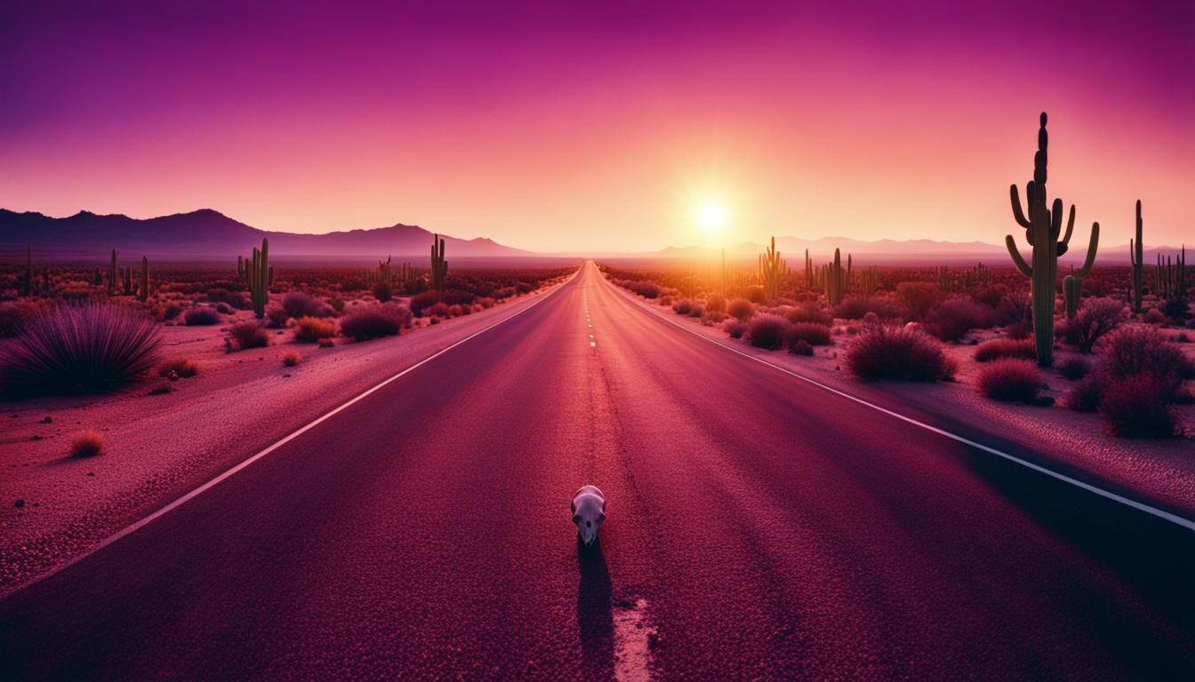 Desert Highway Animal Skull Cactus in Twilight