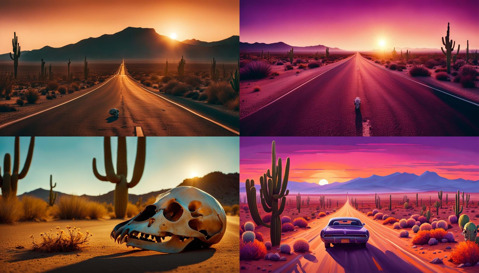 Desert Highway with Skull and Cactus at Twilight