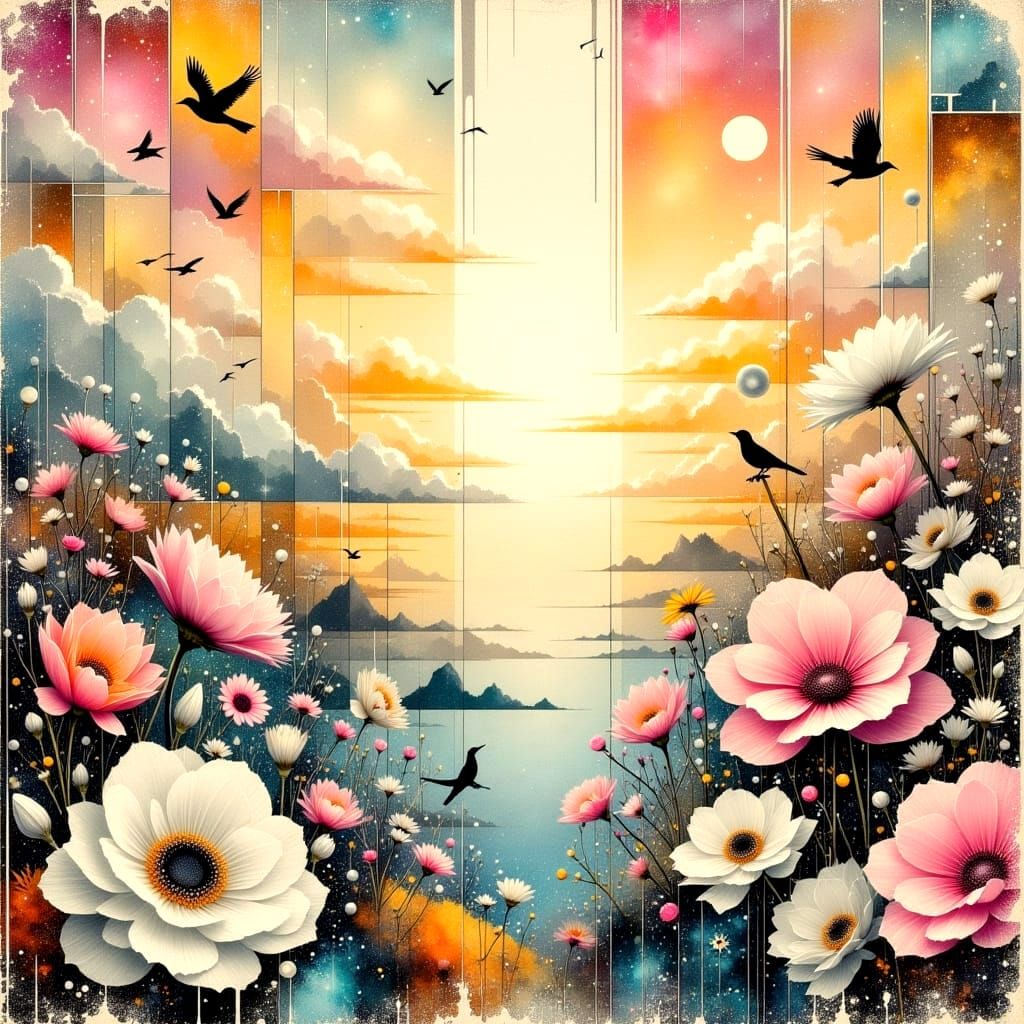 Surreal Sunset Scene in Pastel Colors with Mixed Media Art D...