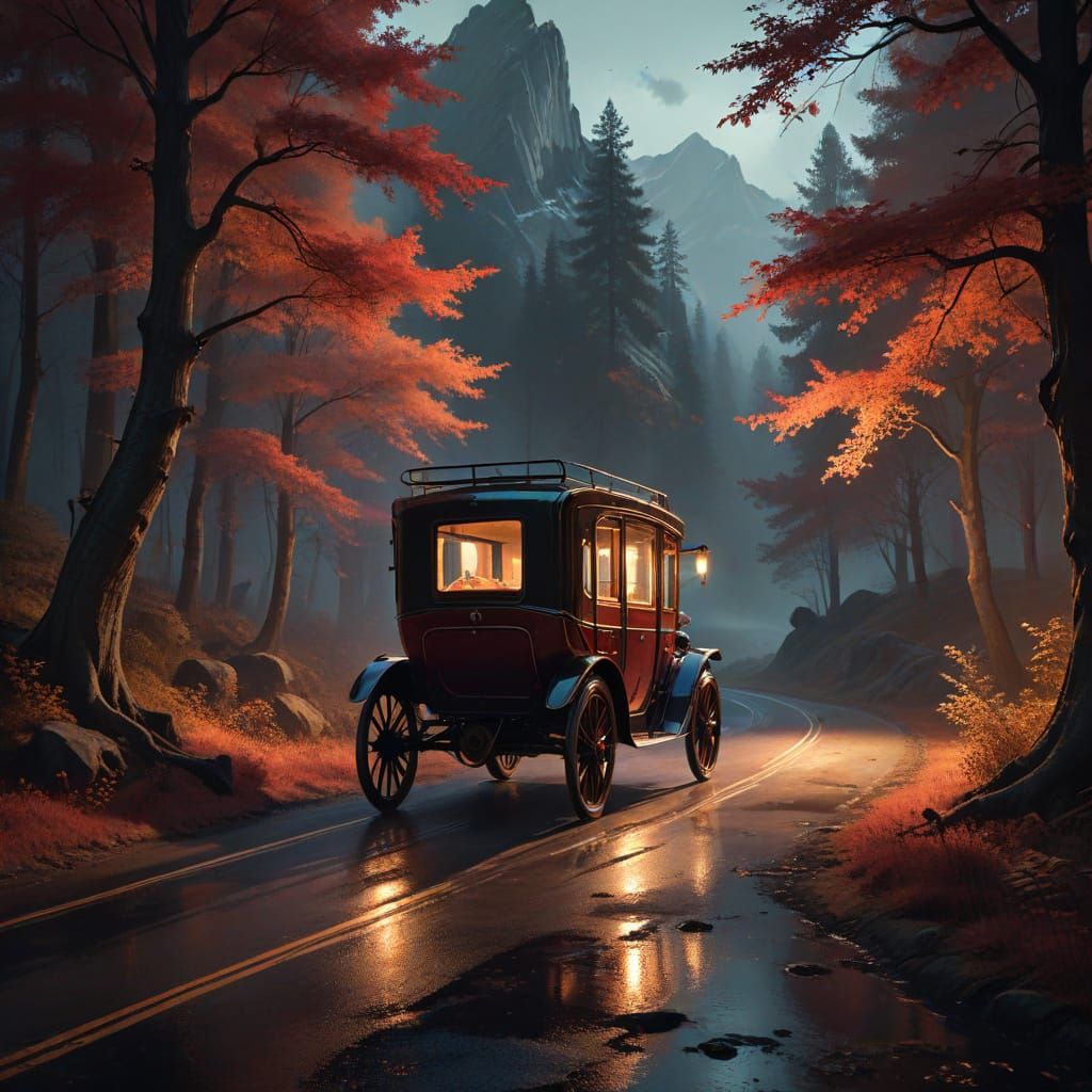 Crystal Horses Draw Carriage Through Bioluminescent Forest