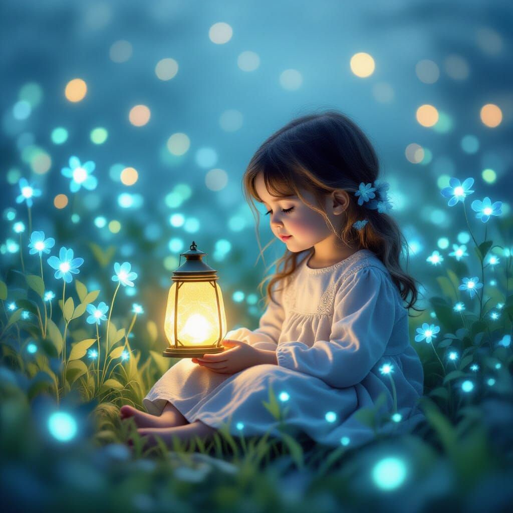 Girl with Lantern in Bioluminescent Field - Felted Art Style