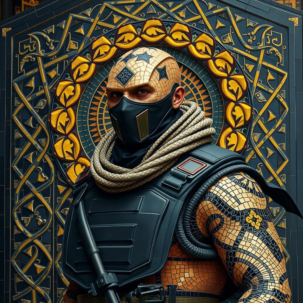 Surreal Islamic Mosaic of Bane in Black and Gold Stones