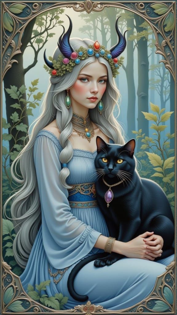 Djinn with Black Cat in Dreamy Watercolour Style