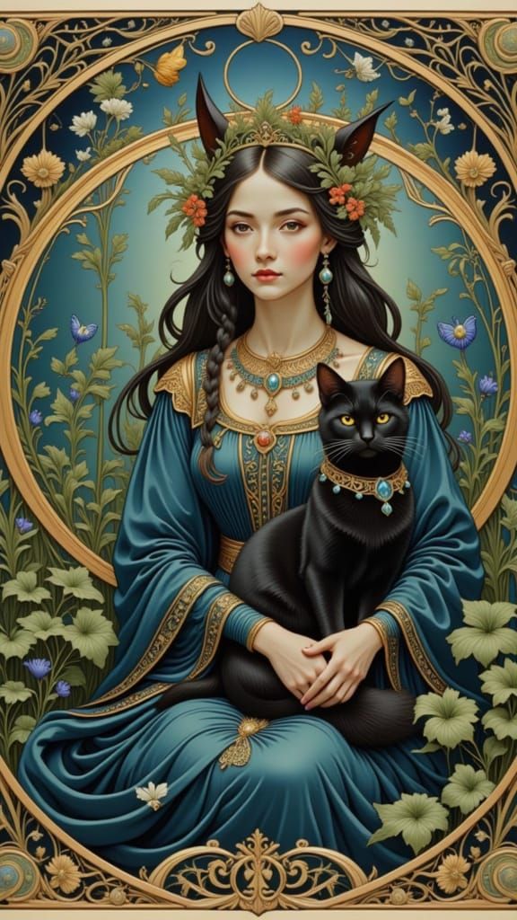 Djinn with Black Cat in Decorative Illustration Style