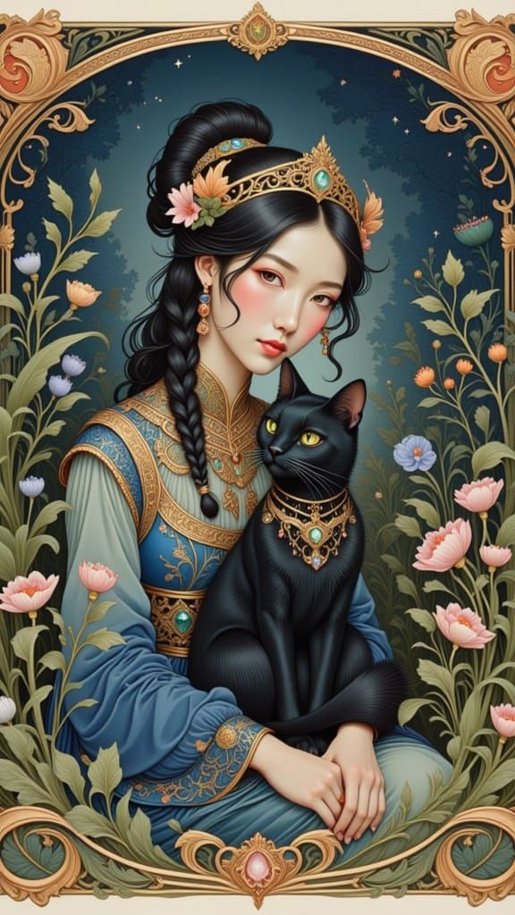 Djinn with Black Cat in Dreamy Watercolour Style