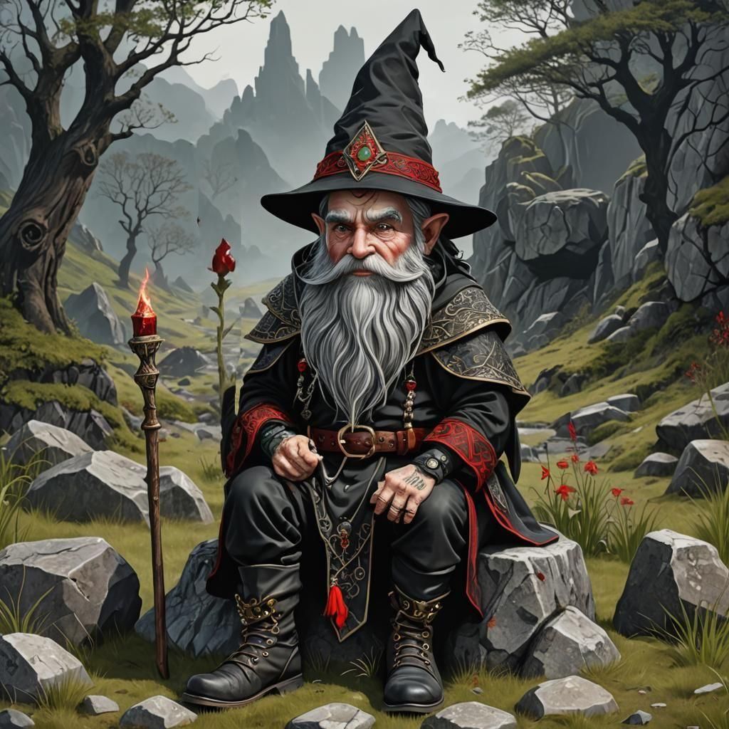 Gothic Gnome with Red Crystal Staff, Digital Illustration