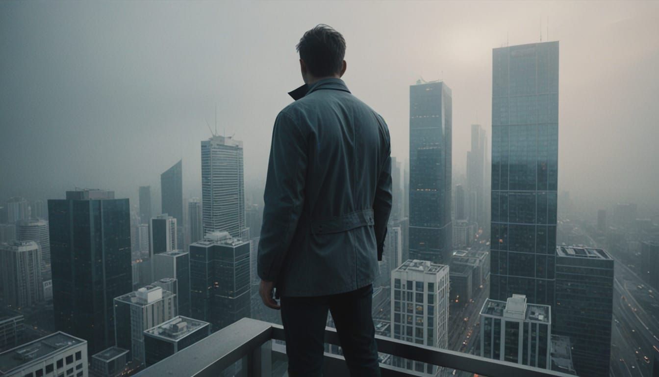 Man Observes Misty Cityscape in Atmospheric Digital Art