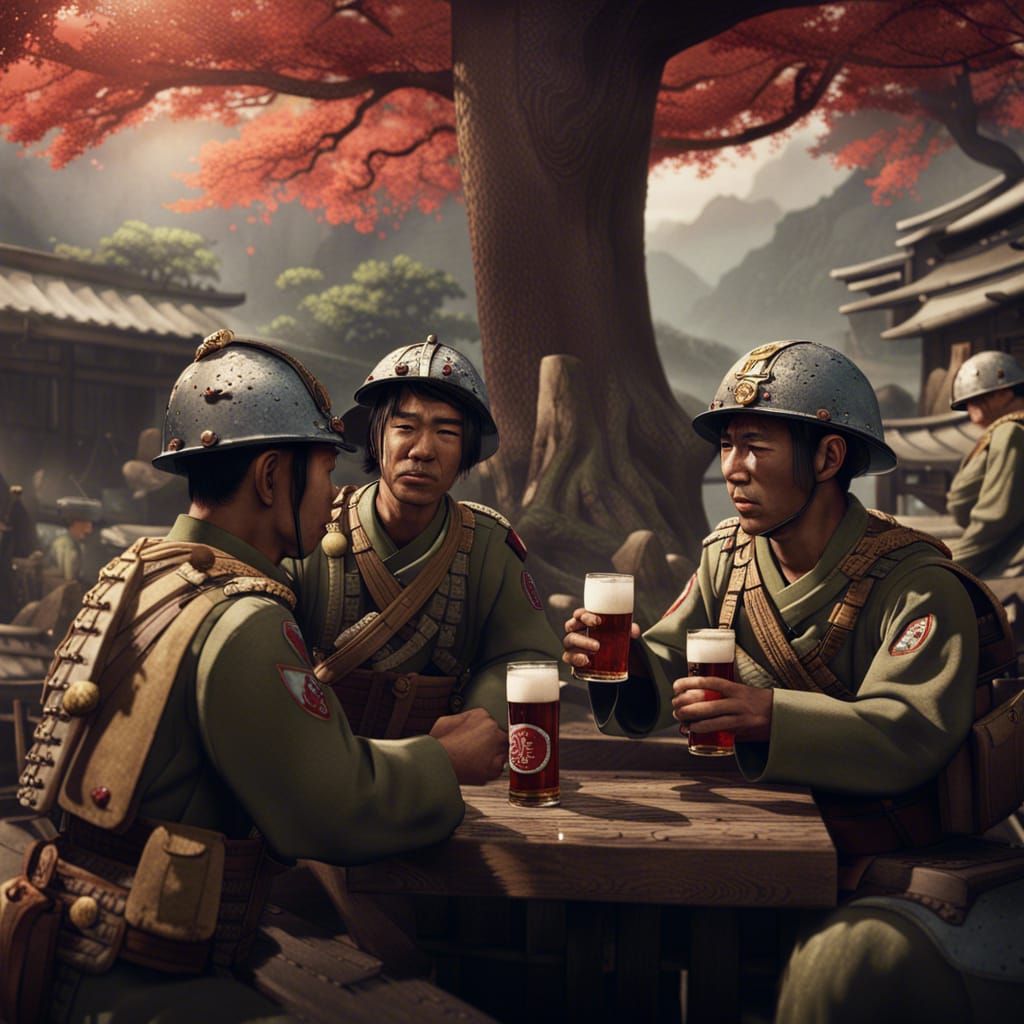 Imperial Japanese Soldiers Sharing Beer as Digital Art