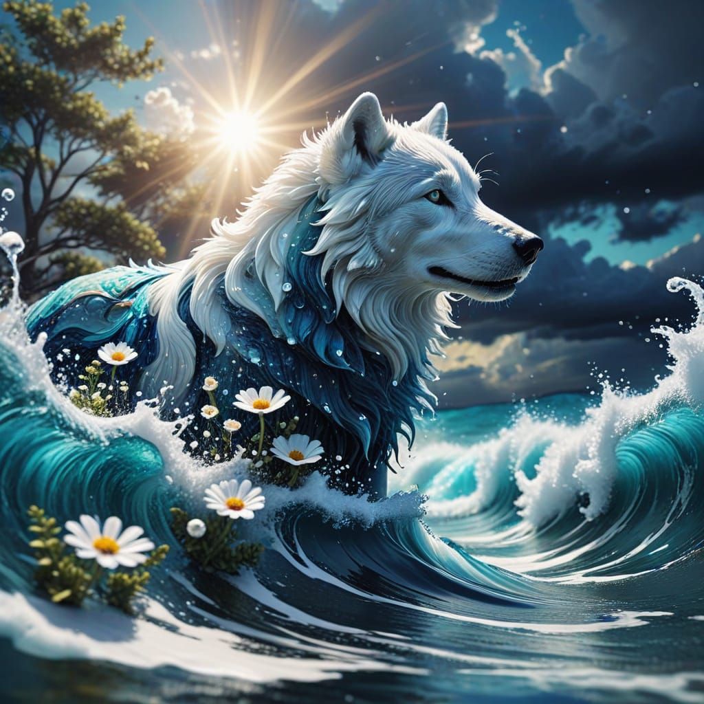 Divine White Wolf in Cosmic Beach Scene