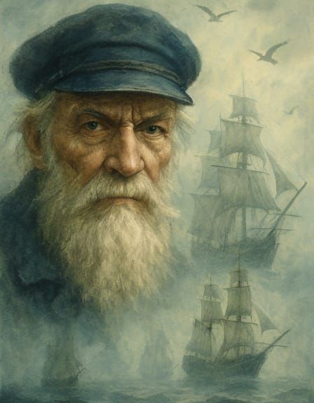 Impressionist Painting of Old Sailor in Captain's Cap