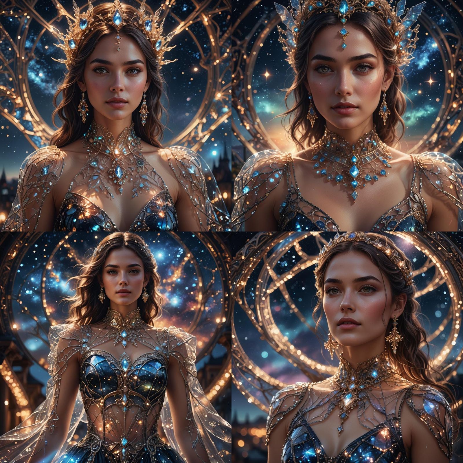 Woman in Glass Dress with Dazzling Night Sky