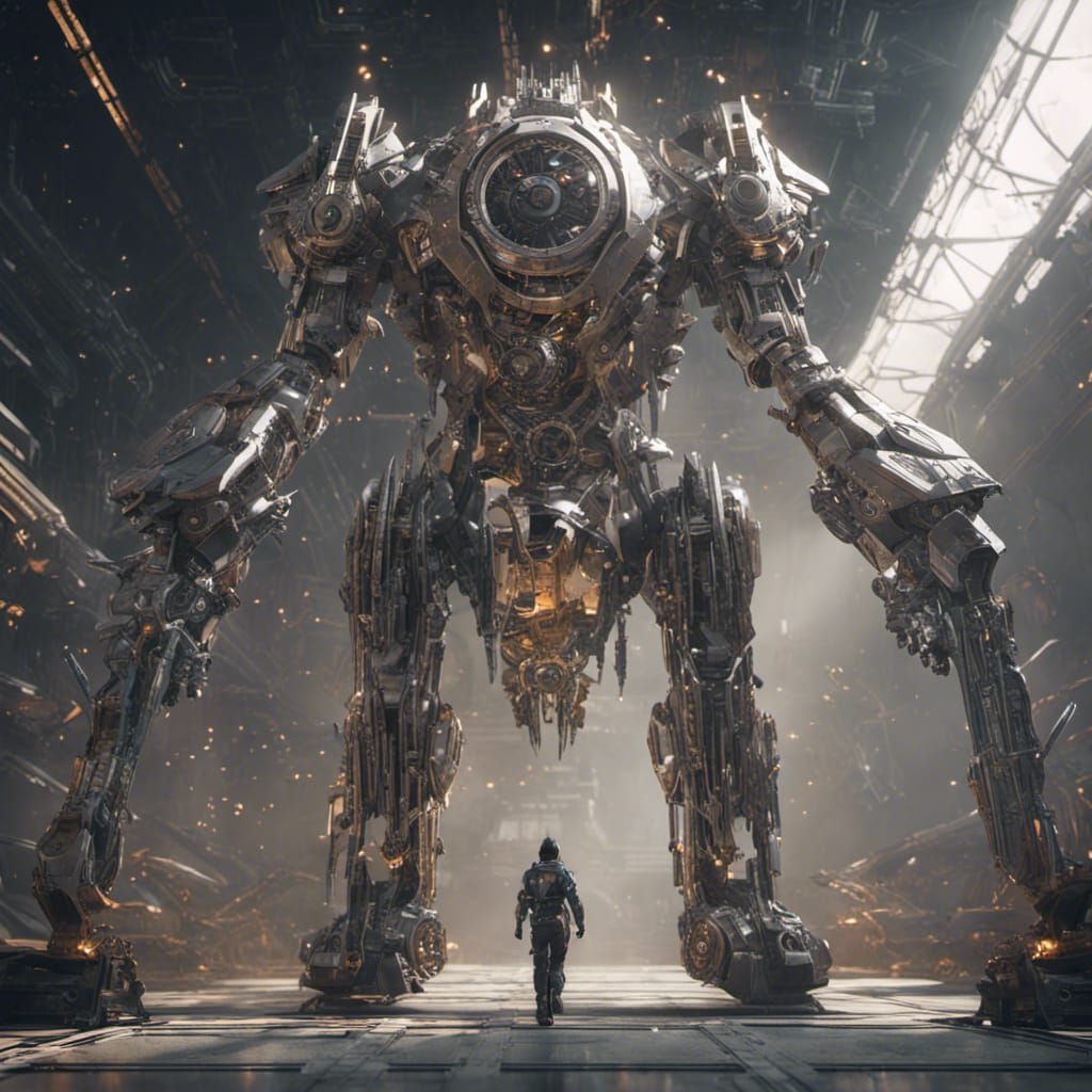 Futuristic Robot Mech with Sword Stepping Out of Spaceship