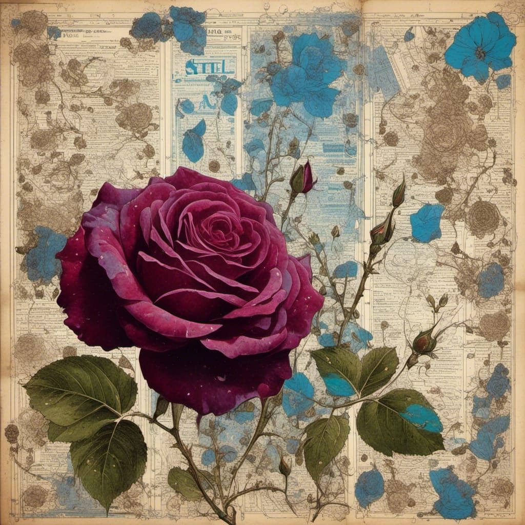 Burgundy Roses on Distressed Vintage Journal Page