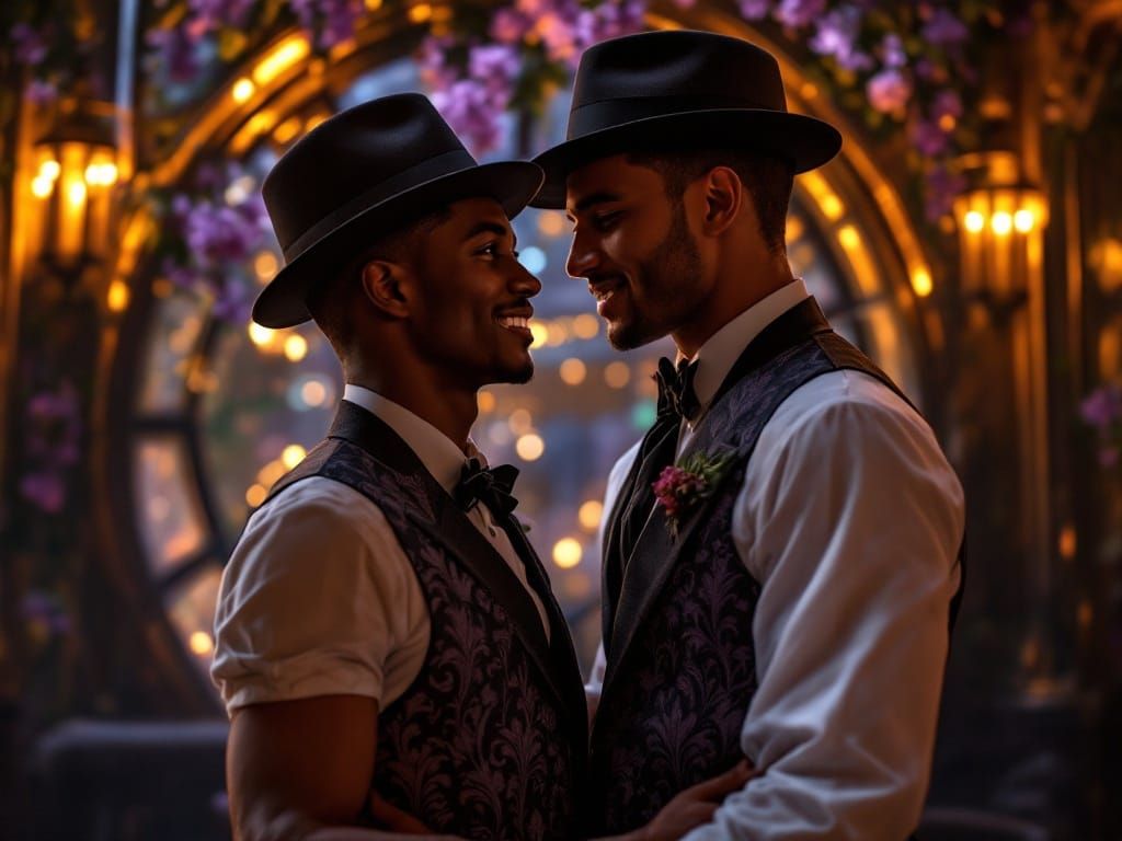 1920s Art Nouveau Gay Couple in Lavender Ballroom