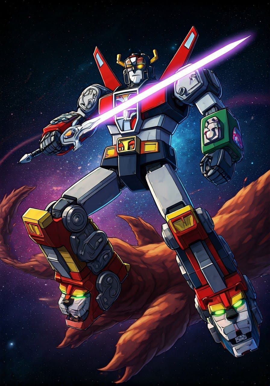 Epic Voltron Anime Battle in Retro-Futuristic Style