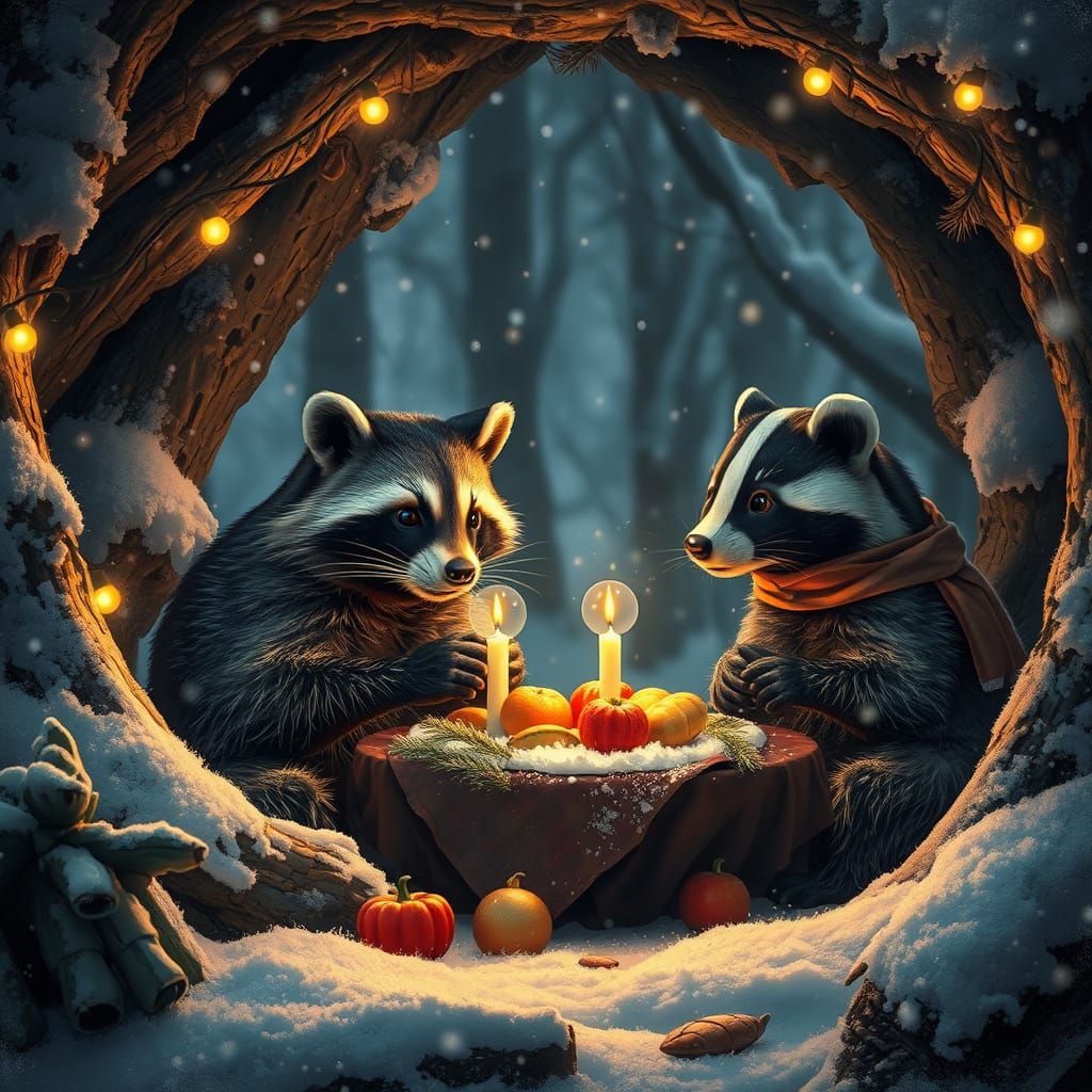 Raccoon and Badger Christmas Feast in Snowy Forest Den