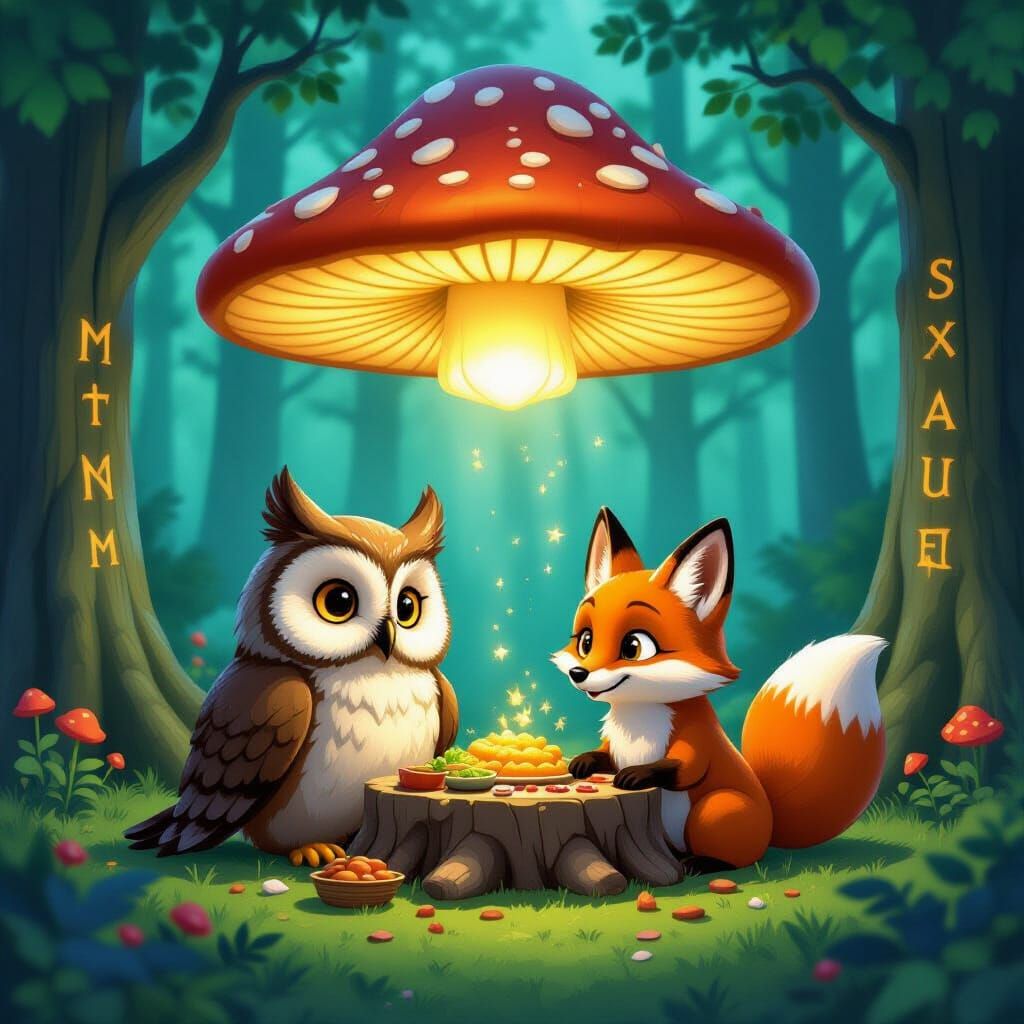 Wise Owl and Fox Feast Under Glowing Mushroom