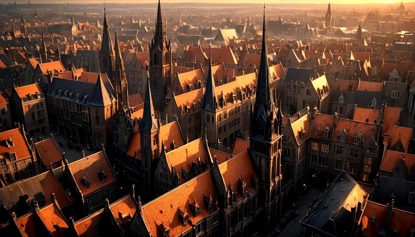 Fiery Sunset Over Whimsical Cityscape