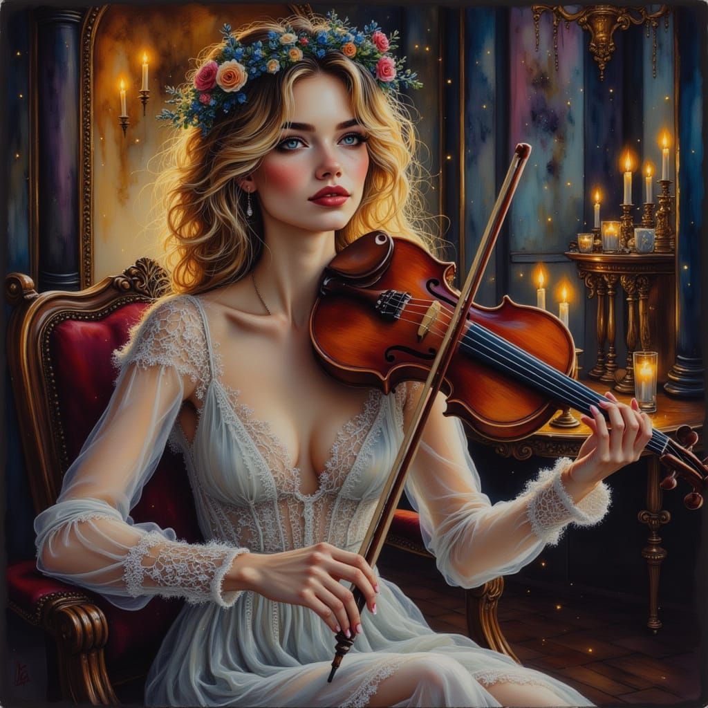 Woman Playing Violin in Ornate Room as Ink Drawing