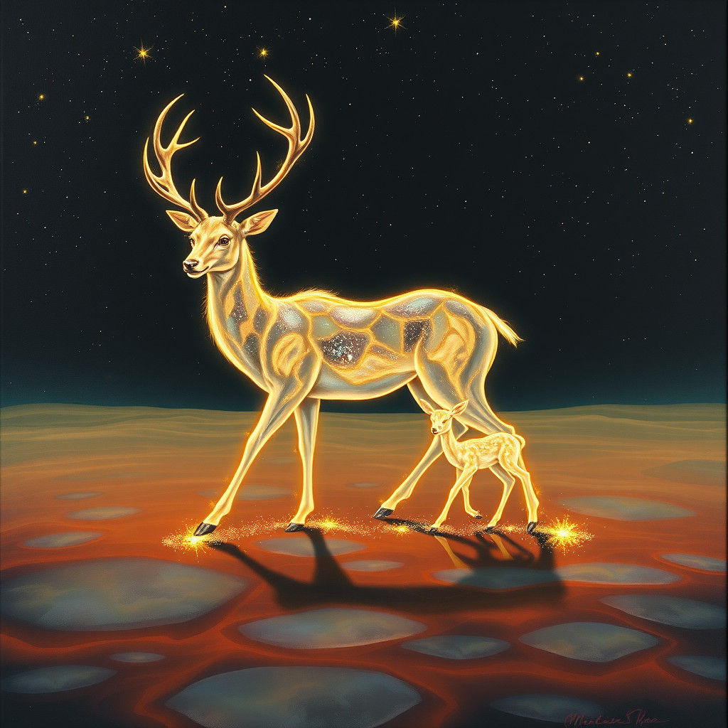 Где-то далеко в неизведанной вселенной, сотканный из света олень со своим детёнышем....