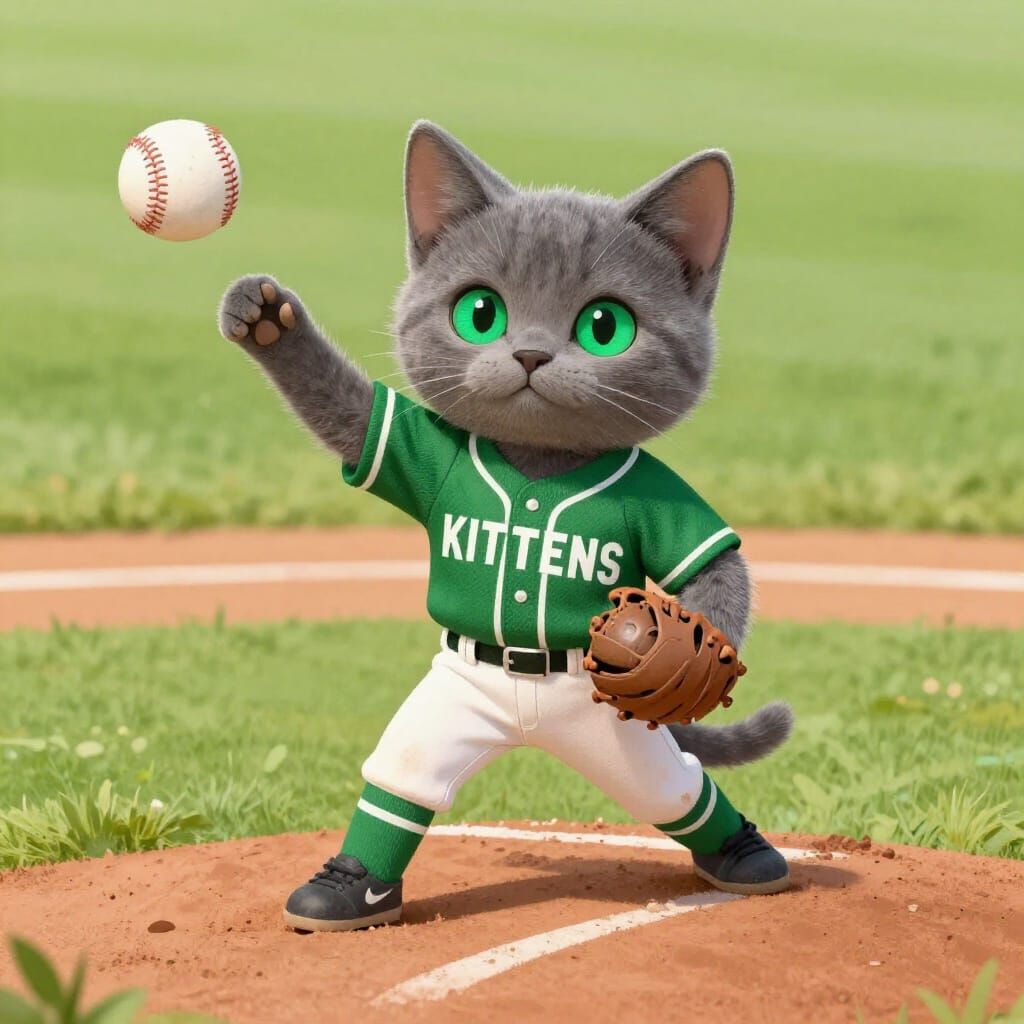 Gray Kitten Pitches Baseball in Green Uniform