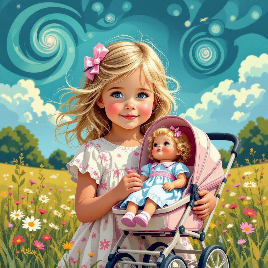 Little Girl with Doll in Abstract Vector Style