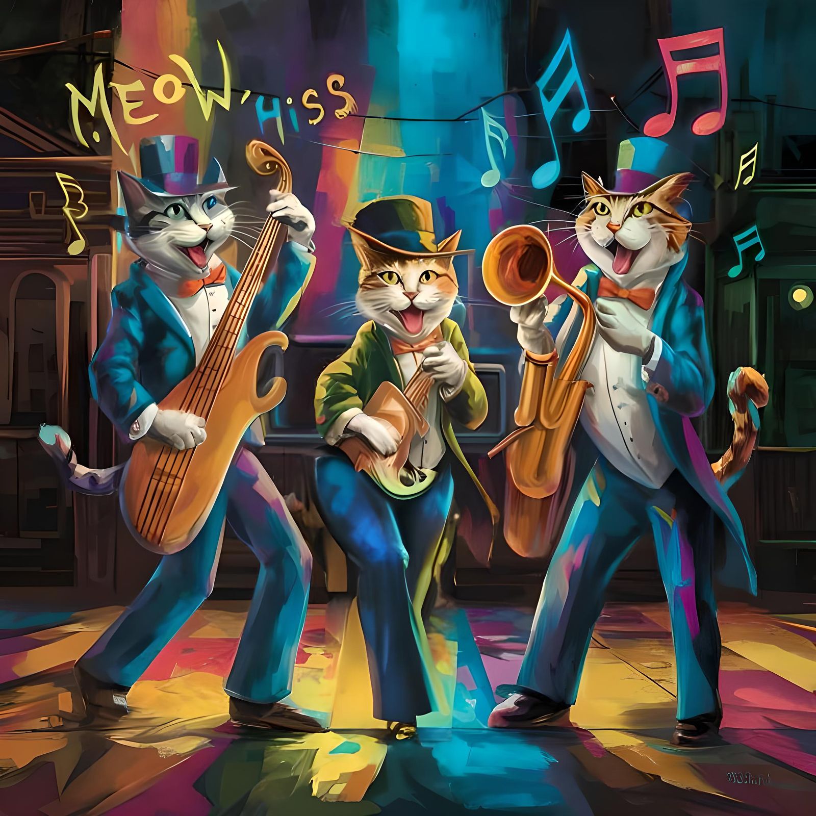 Cats Playing Jazz in New Orleans Nightclub