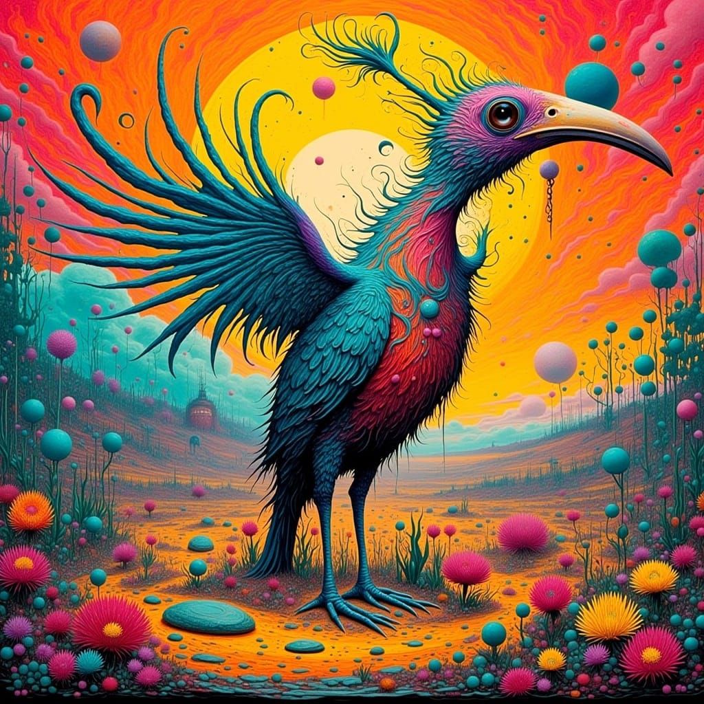 Surreal Bird in Dreamlike Landscape as Dali-Inspired Oil Pai...