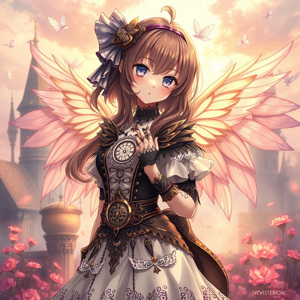 Steampunk Anime Girl with Wings in Dreamy Landscape
