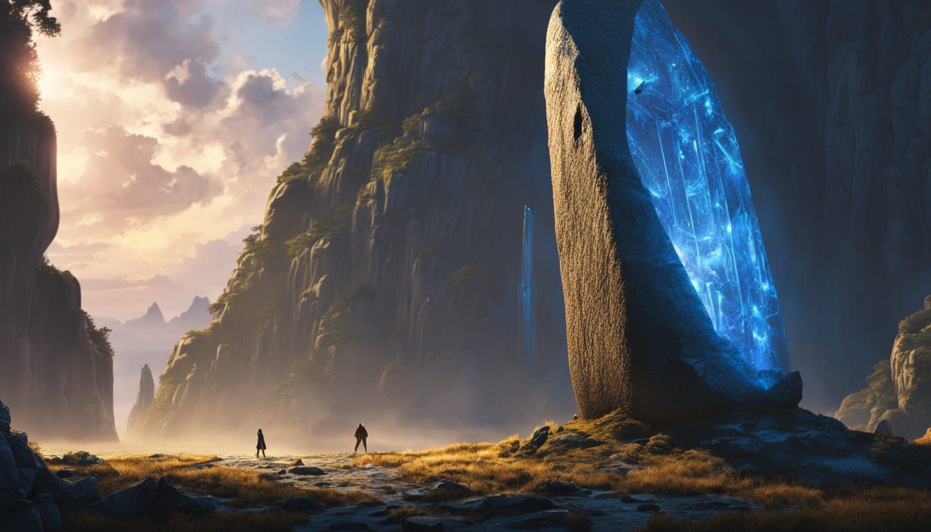 Fantasy Adventurer Gazes Into Glowing Crystal Menhir